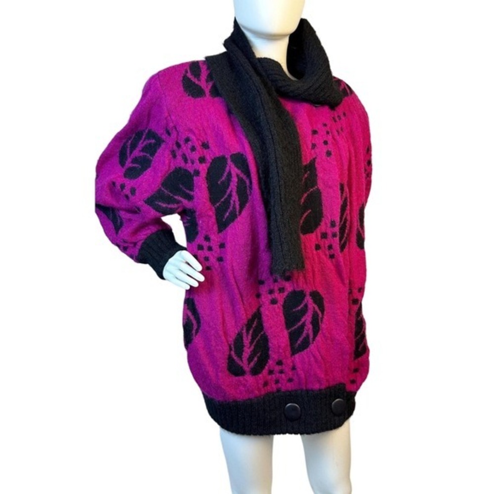 Vintage PGE 1980s Mohair Blend Cardigan Sweater Jacket Attached Scarf Floral‎ KC